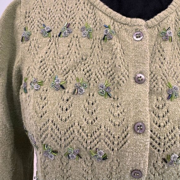 Sigrid Olsen Cardigan Sweater Women MP Beaded Green Fairy Floral Silk Cotton - Picture 3 of 7